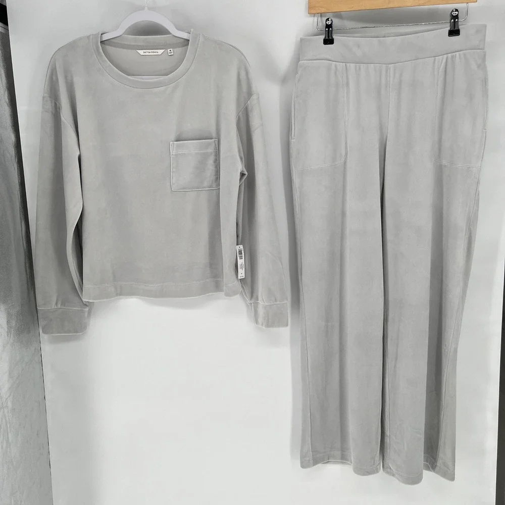 Soma 24/7 Velour Crewneck Sweatshirt & Wide Leg Pants Set Vapor Gray Medium NEW
